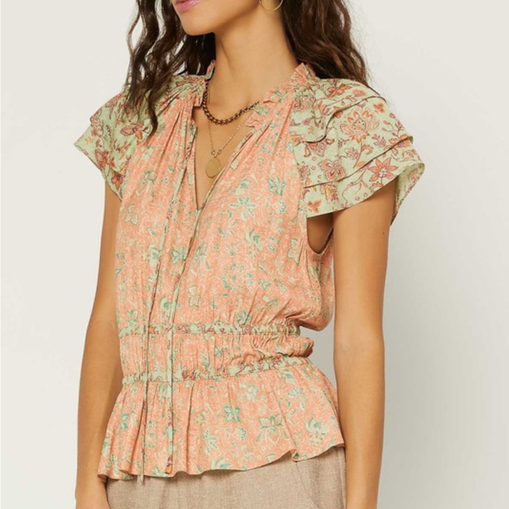 463. Current Air Floral Ruffle Sleeve Top - Peach and Green - Picture 2 of 2